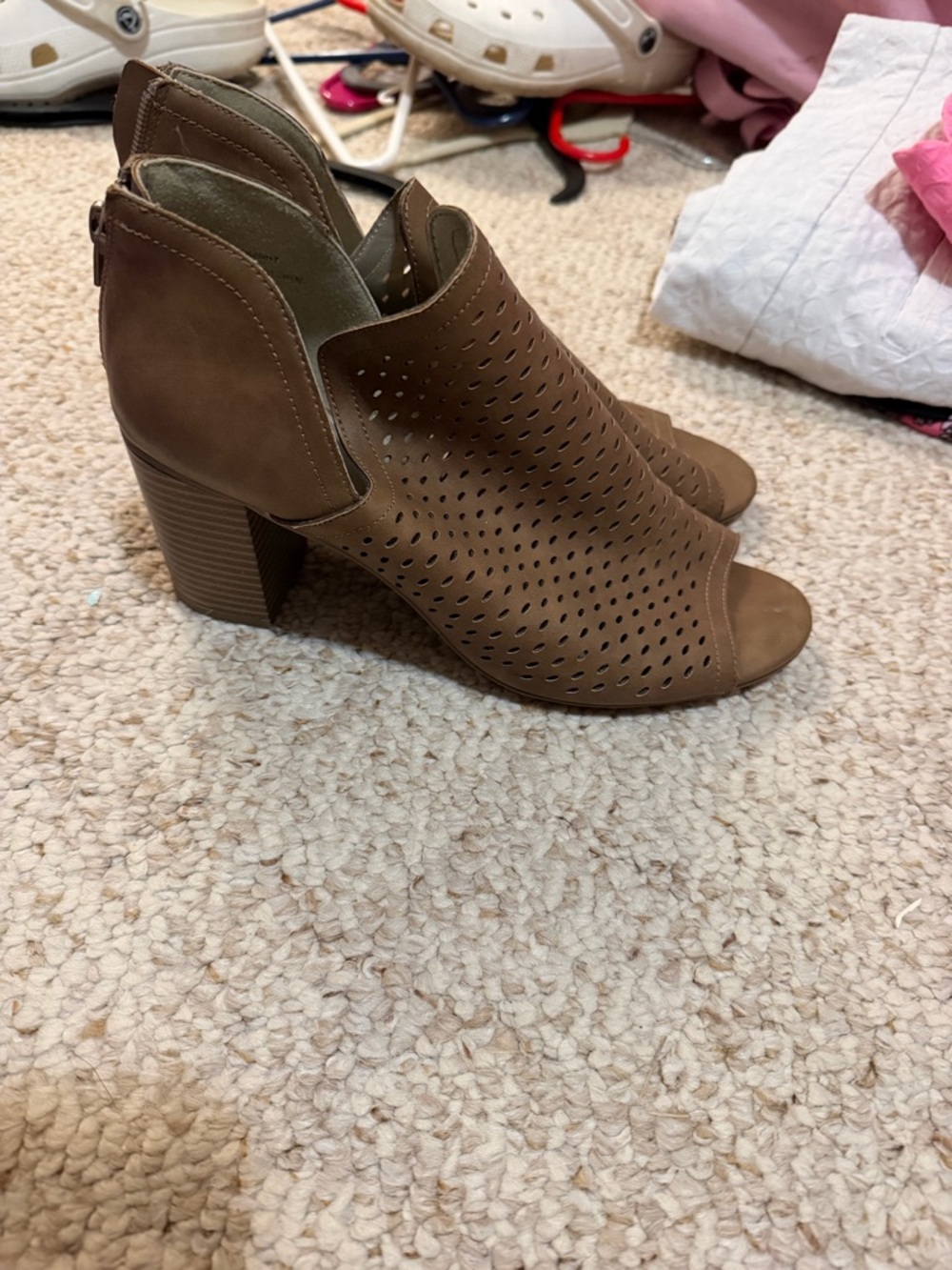 a.n.a Perforated Open-Toe Stacked Heel Booties - Brown